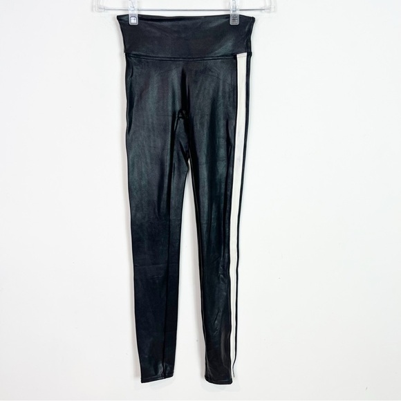 SPANX BLACK FAUX LEATHER LOOK LEGGINGS WITH STRIPES WOMENS SX XS - Picture 6 of 9